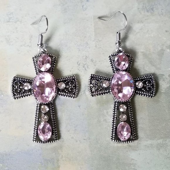 Jewelry - Pink Crystal Cross Earrings